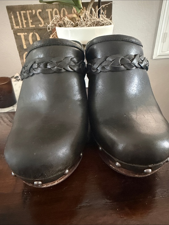 UGG Shoes - UGG Kaylee Black Leather Braided-Trim Clogs